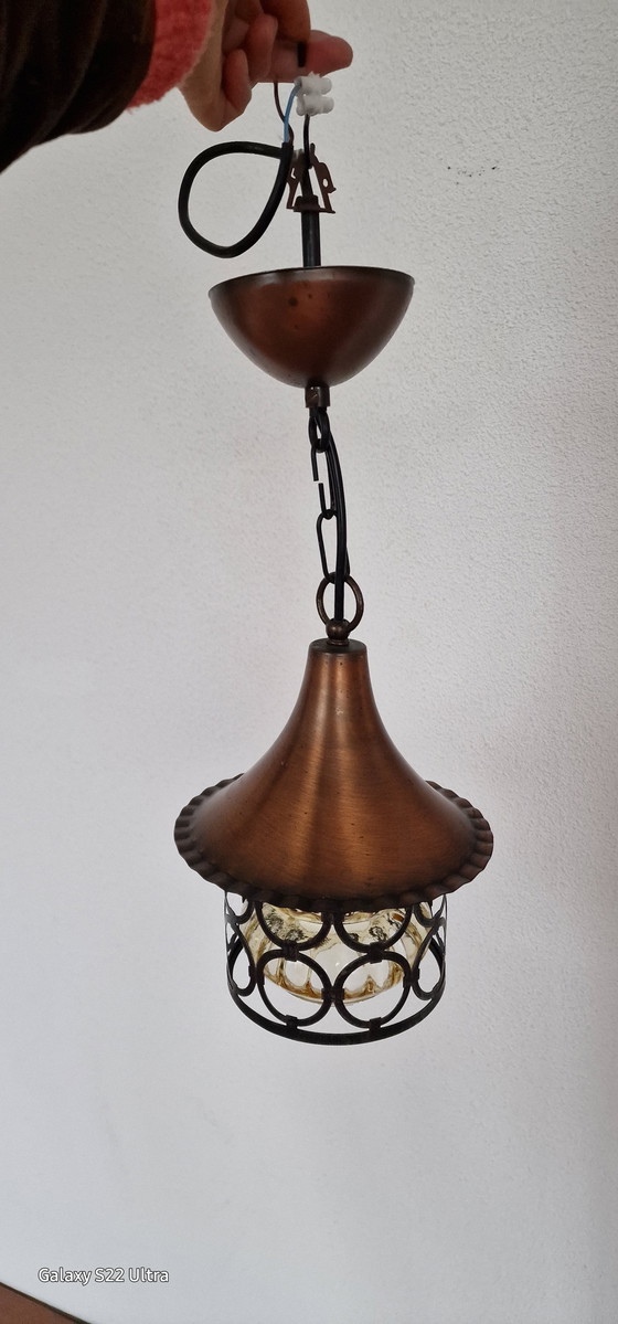 Image 1 of Mid-Century copper metal glass hanging lamp