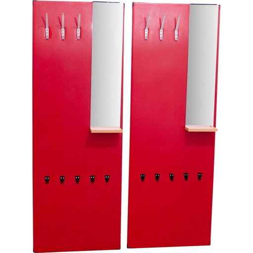 Pair of vintage coat racks in wood and faux leather for Drevokov, Czechoslovakia 1960