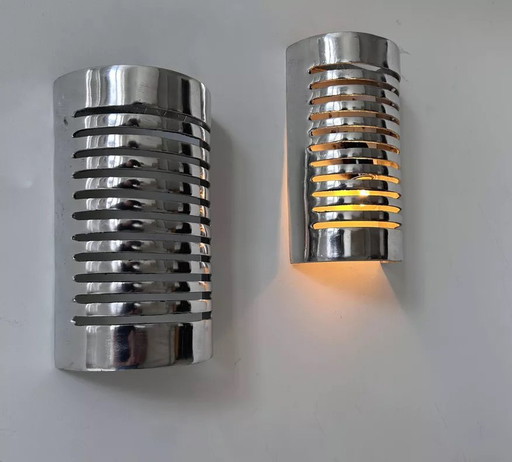 2X Chromed Metal Wall Lamp, France 1970