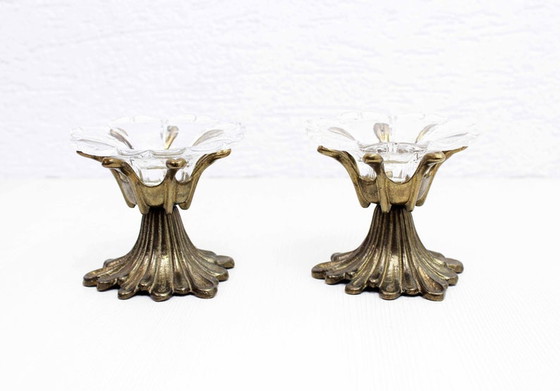 Image 1 of Duo of bronze and glass candlesticks from the 60s