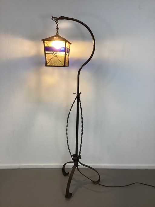 Art Deco Amsterdam School Wrought Iron Lamp Stained Glass Shade