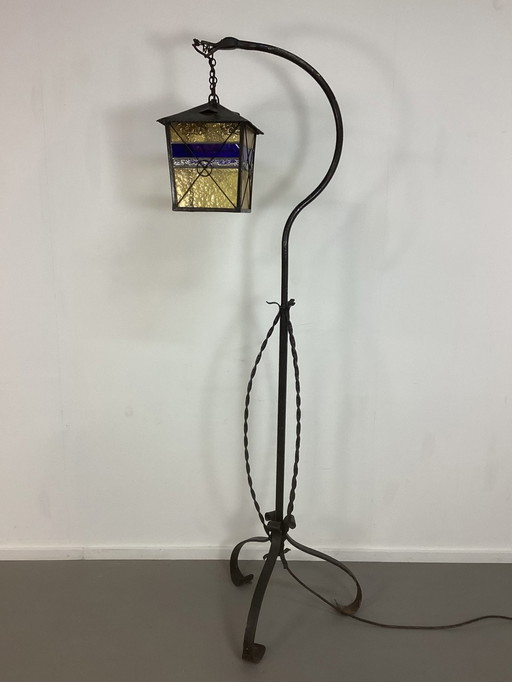 Art Deco Amsterdam School Wrought Iron Lamp Stained Glass Shade