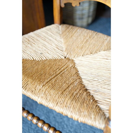 Image 1 of Sedia vintage in rovere massello con schienale a scaletta e seduta in giunco, Inghilterra 1920