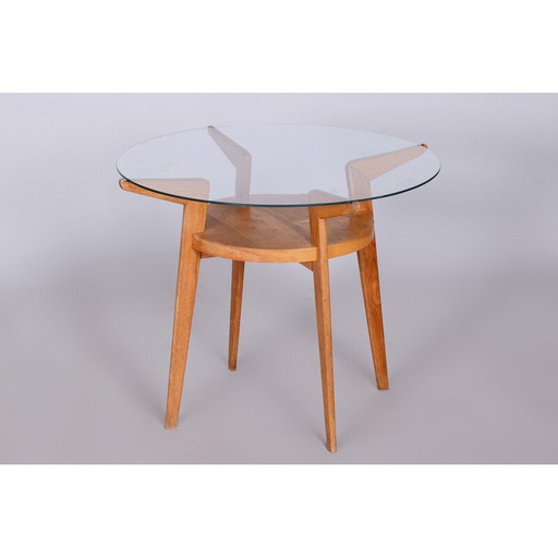 Mid-century round oakwood and glass coffee table by Jitona Sobeslav, Czechia 1950s