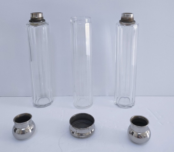 Image 1 of Three Art Deco Glass Metal Flasks 1920s