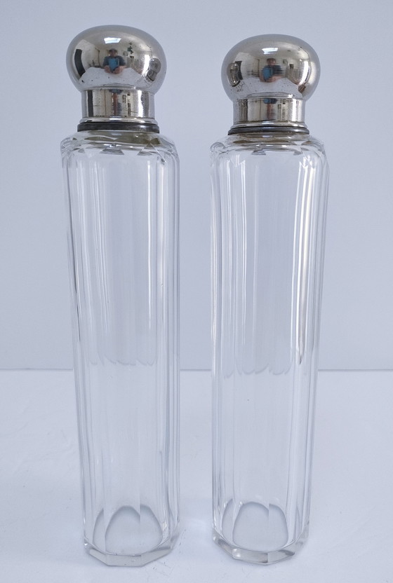 Image 1 of Three Art Deco Glass Metal Flasks 1920s