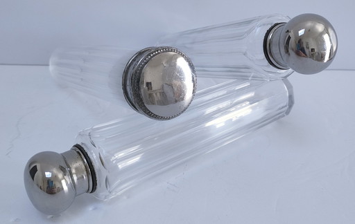 Three Art Deco Glass Metal Flasks 1920s