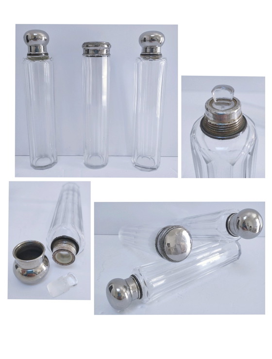 Image 1 of Three Art Deco Glass Metal Flasks 1920s