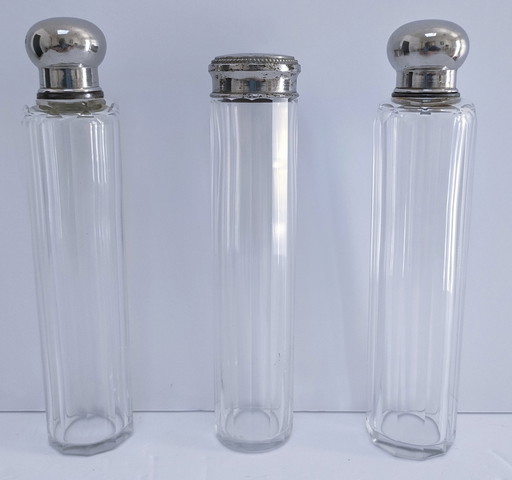 Three Art Deco Glass Metal Flasks 1920s