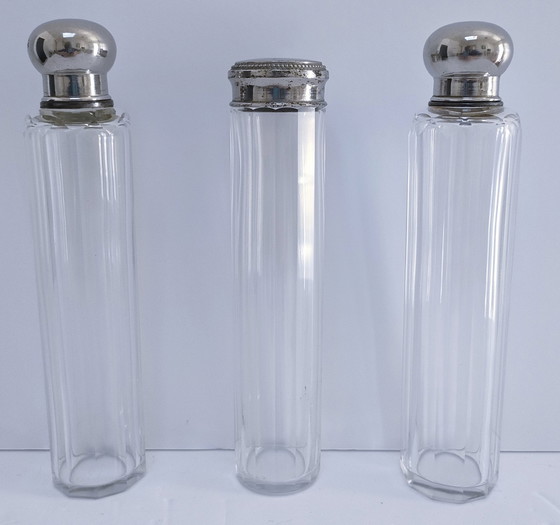 Image 1 of Three Art Deco Glass Metal Flasks 1920s