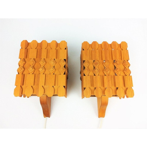 Pair of  Scandinavian pine vintage wall lights 1960's