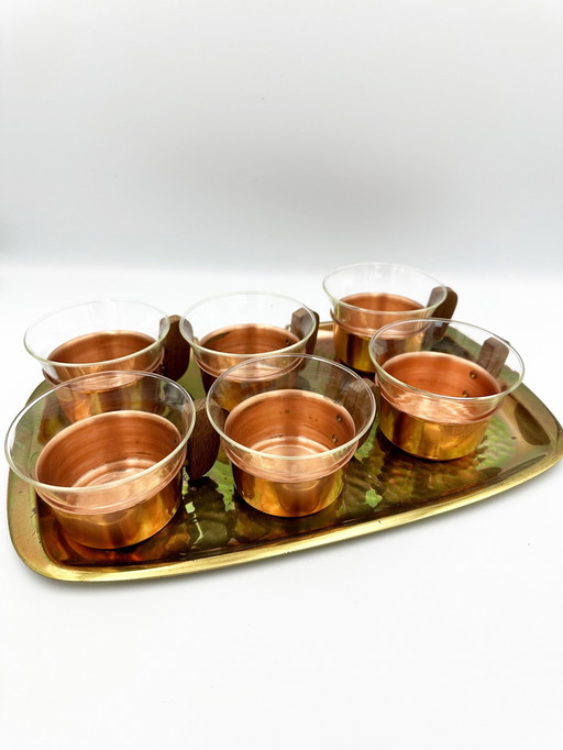 Copper and teak tea set