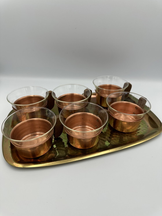 Image 1 of Copper and teak tea set