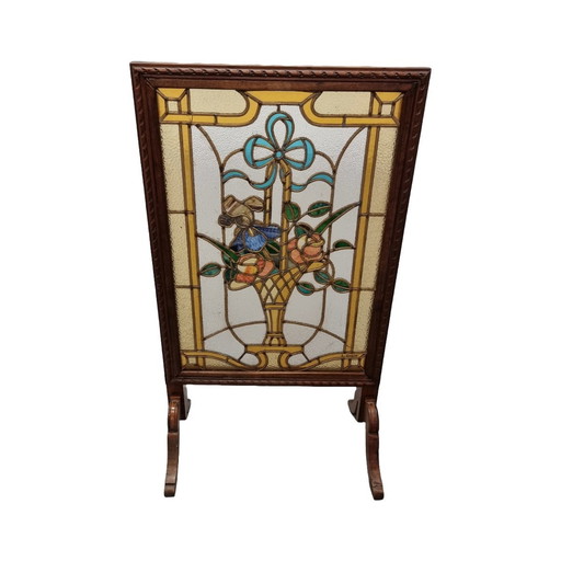 French Stained Glass Fireplace Screen L. Guillon, Early 20th Century