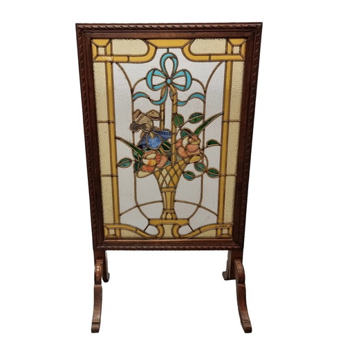 French Stained Glass Fireplace Screen L. Guillon, Early 20th Century