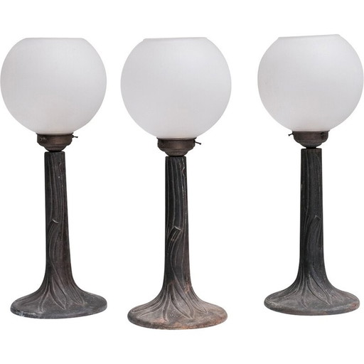 Lampade da tavolo vintage in metallo e vetro opaco, Francia 1950