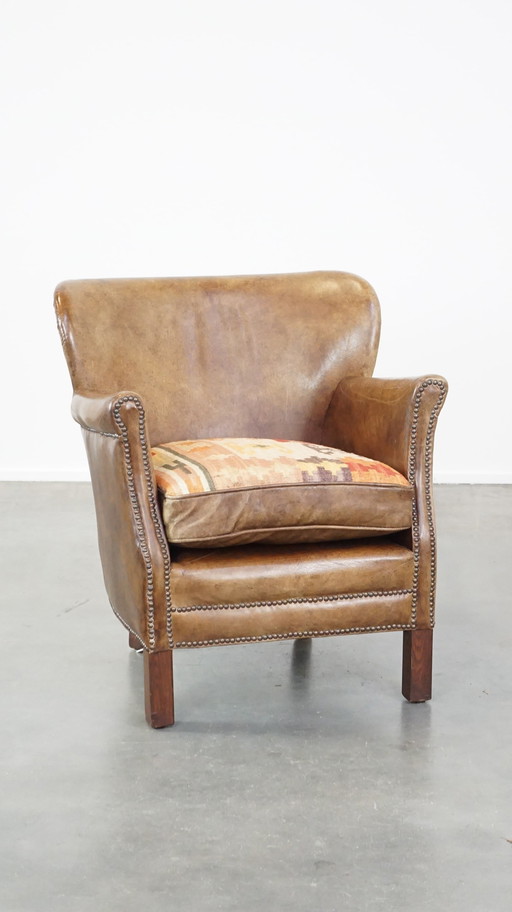 Beef Leather Armchair With A Reversible Kelim Seat Cushion