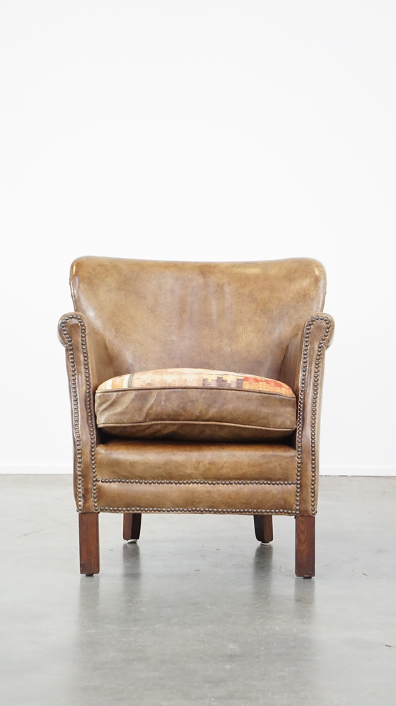 Image 1 of Beef Leather Armchair With A Reversible Kelim Seat Cushion