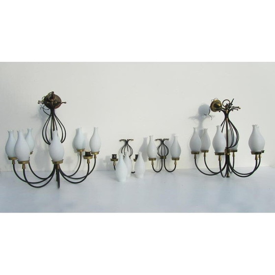 Image 1 of Set of 4 vintage chandeliers and wall lights in opaline, glass and brass- 1950s