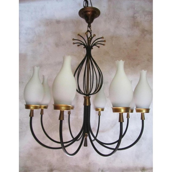 Image 1 of Set of 4 vintage chandeliers and wall lights in opaline, glass and brass- 1950s