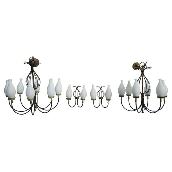Image 1 of Set of 4 vintage chandeliers and wall lights in opaline, glass and brass- 1950s