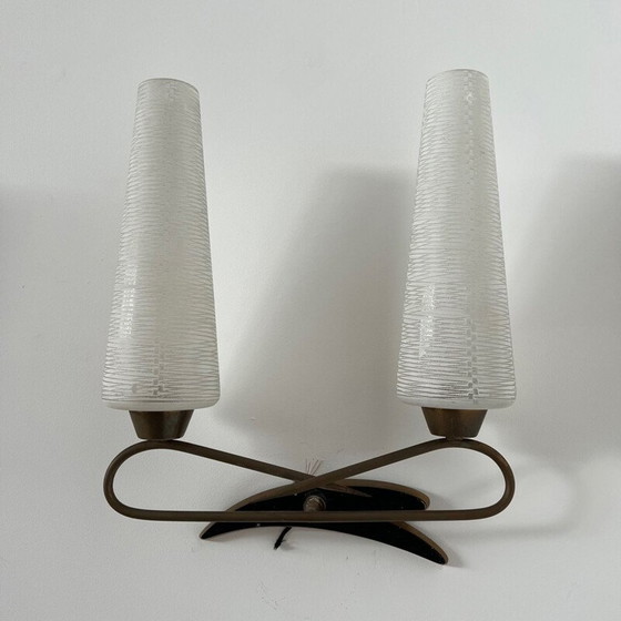 Image 1 of Pair of vintage glass and metal wall lamps, France 1950