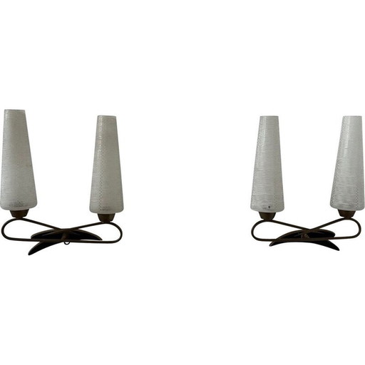 Pair of vintage glass and metal wall lamps, France 1950