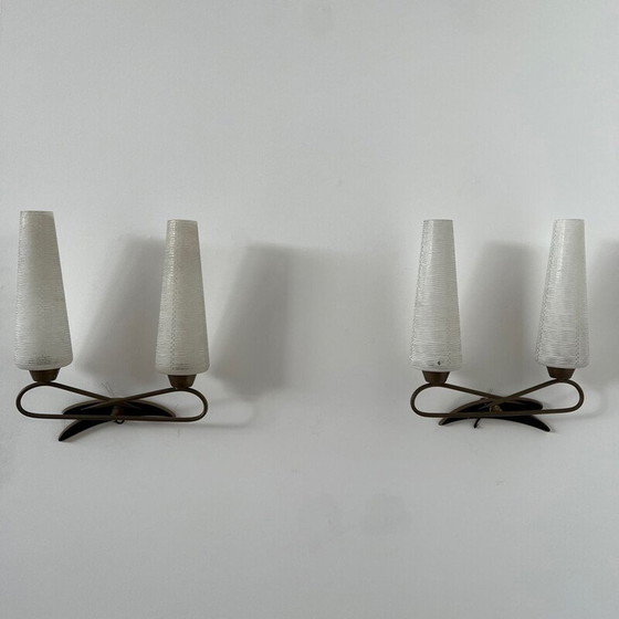 Image 1 of Pair of vintage glass and metal wall lamps, France 1950