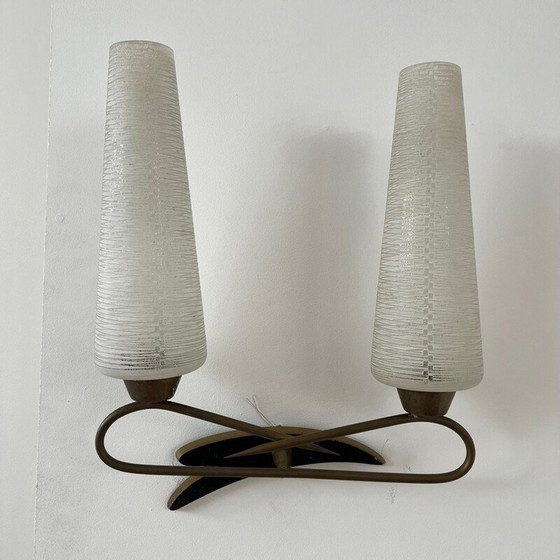 Image 1 of Pair of vintage glass and metal wall lamps, France 1950