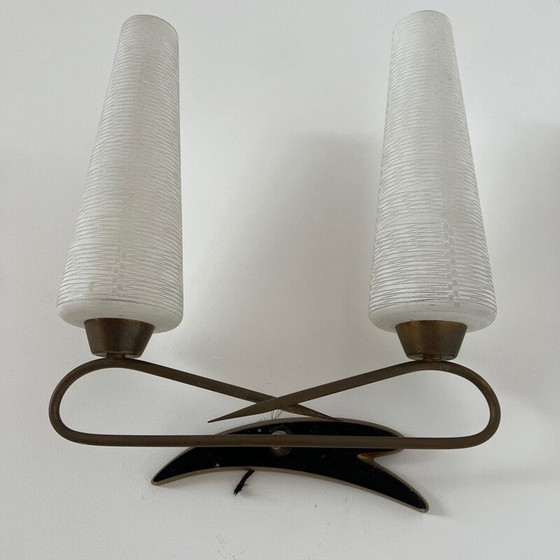 Image 1 of Pair of vintage glass and metal wall lamps, France 1950