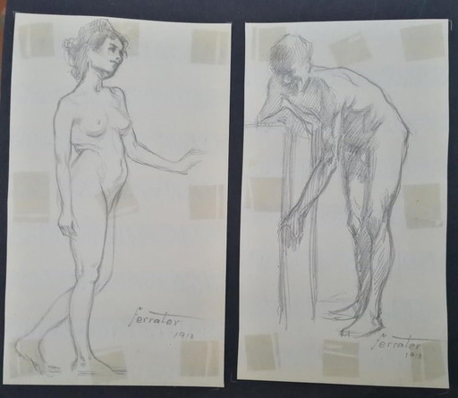 2X Original Drawings By Antoni Ferrater Feliu 1913