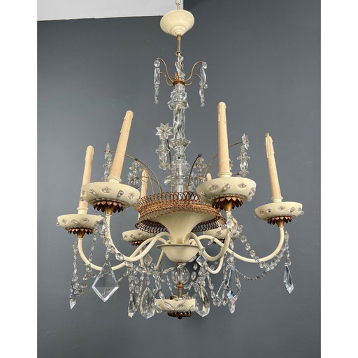 Vintage chandelier in lacquered and gilded sheet metal with crystals by Maison Baguès, 1940
