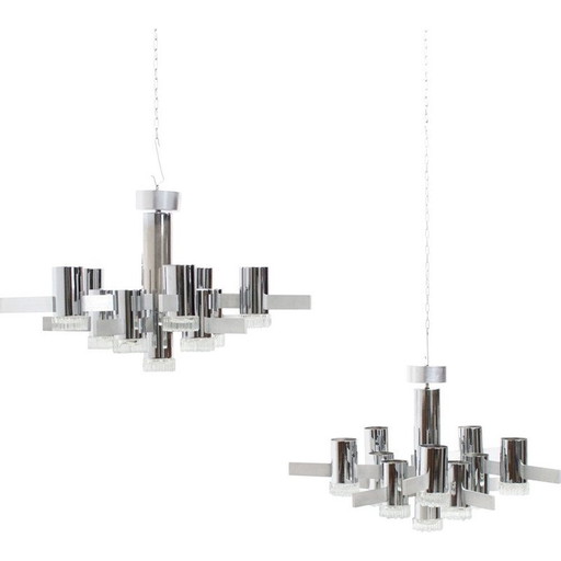 Pair of vintage chrome steel chandeliers by Gaetano Sciolari, 1970