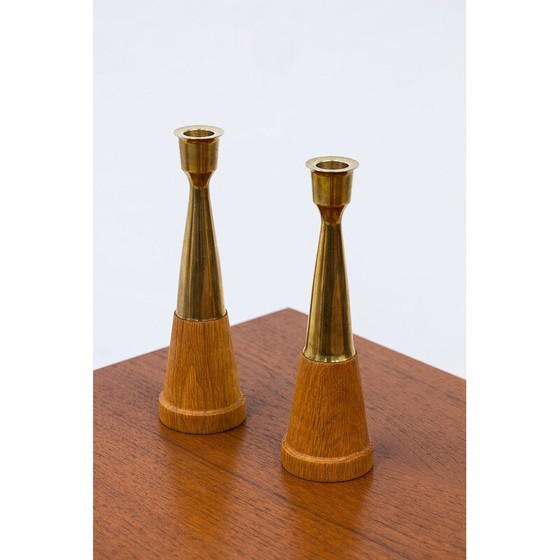 Image 1 of Pair of vintage oak and brass candlesticks, 1960