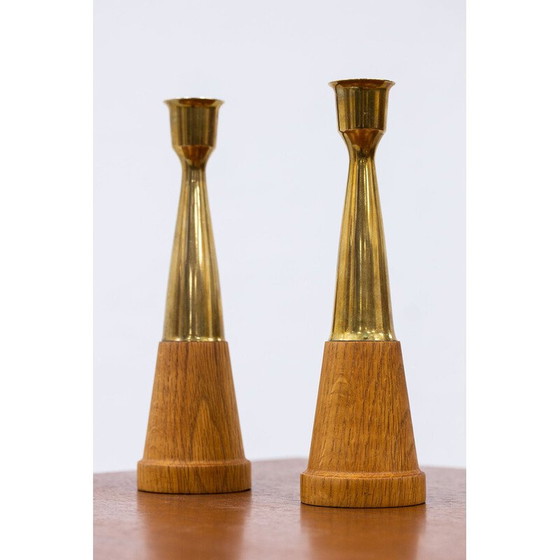 Image 1 of Pair of vintage oak and brass candlesticks, 1960