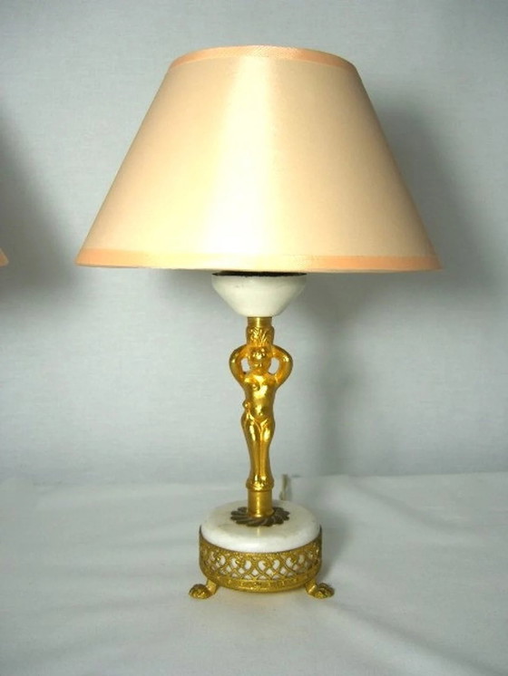 Image 1 of Art Nouveau, Neo Classical, Accent Bedroom Lamps (2), Gilded Brass, Marble, Luxury Lighting, Unique