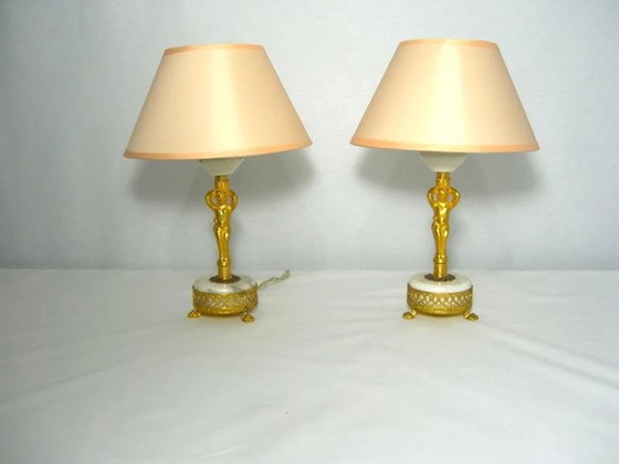 Image 1 of Art Nouveau, Neo Classical, Accent Bedroom Lamps (2), Gilded Brass, Marble, Luxury Lighting, Unique