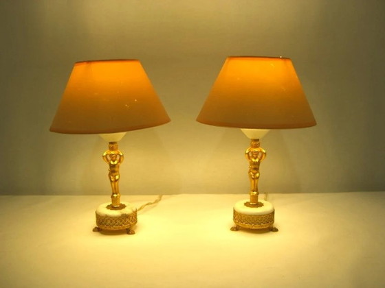 Image 1 of Art Nouveau, Neo Classical, Accent Bedroom Lamps (2), Gilded Brass, Marble, Luxury Lighting, Unique