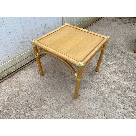 Image 1 of Tavolino da caffè vintage in rattan e impiallacciatura di rovere per Maugrion, 1980