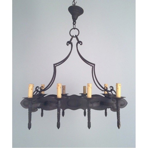 Vintage Neo-Gothic wrought iron chandelier with 8 light arms