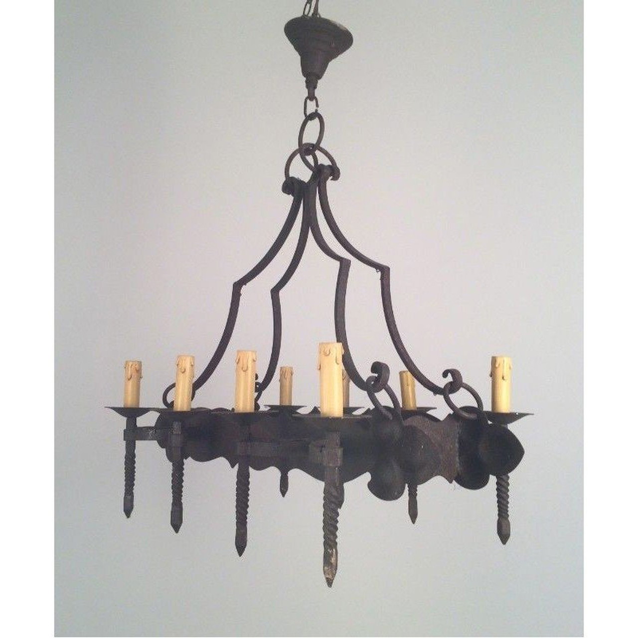 Neo-Gothic Style Forged & Blackened Wrought Iron Six Light Chandelier Neo-Gothic Style Forged & Blackened Wrought Iron Six Light Chandelier