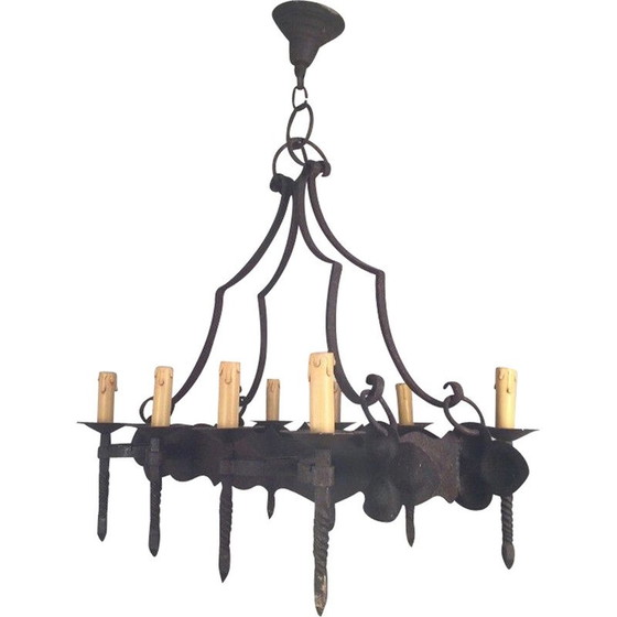 Image 1 of Lampadario neogotico vintage in ferro battuto con 8 bracci luminosi