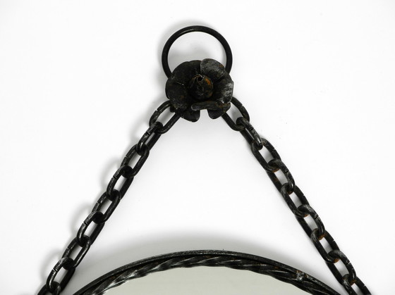 Image 1 of Brutalist Mid Century Design wall mirror with wrought iron frame and chain