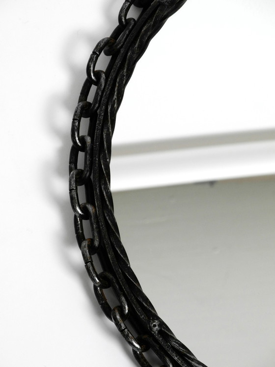 Image 1 of Brutalist Mid Century Design wall mirror with wrought iron frame and chain