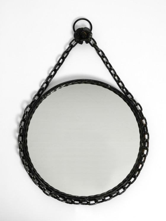 Image 1 of Brutalist Mid Century Design wall mirror with wrought iron frame and chain