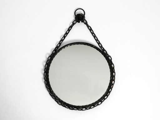 Brutalist Mid Century Design wall mirror with wrought iron frame and chain