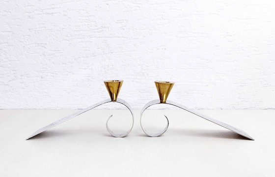 Image 1 of Chromed metal and brass candlesticks