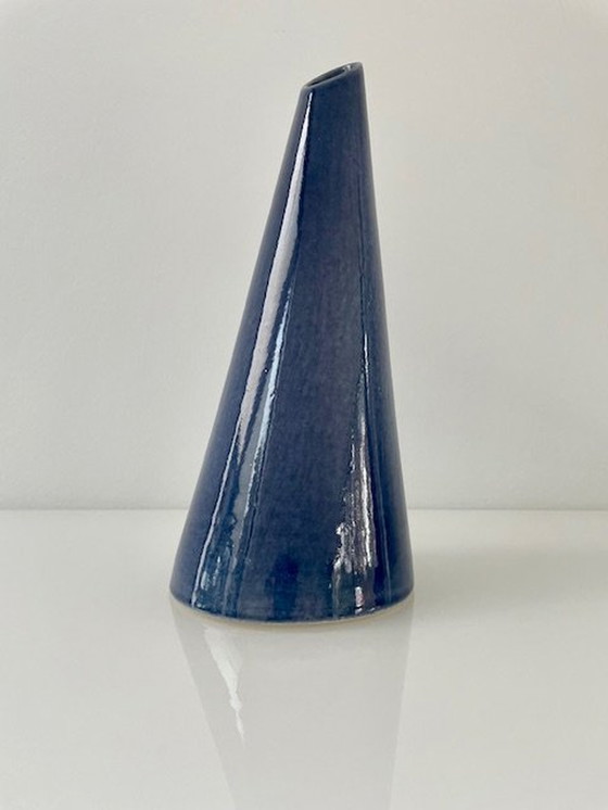 Image 1 of Oblique Design Vase Denim Blue Glazed Ceramic