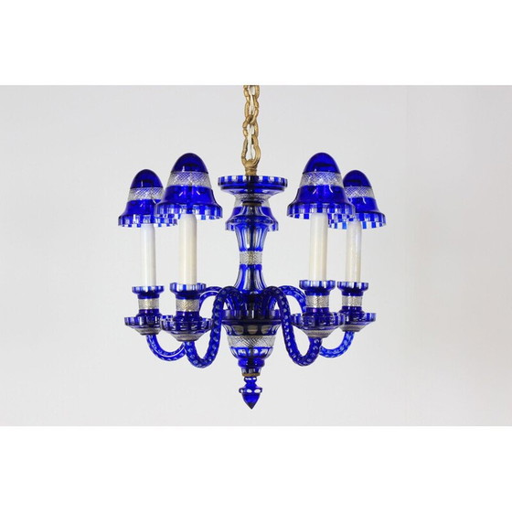 Image 1 of Lampadario vintage in vetro blu, Cecoslovacchia 1940