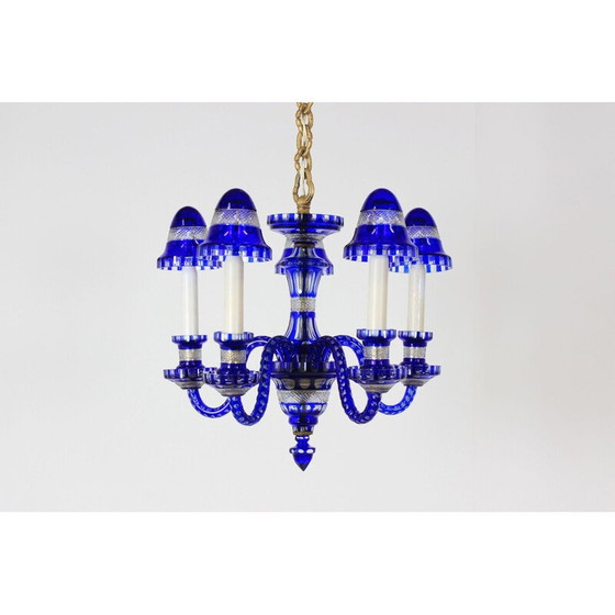 Image 1 of Lampadario vintage in vetro blu, Cecoslovacchia 1940